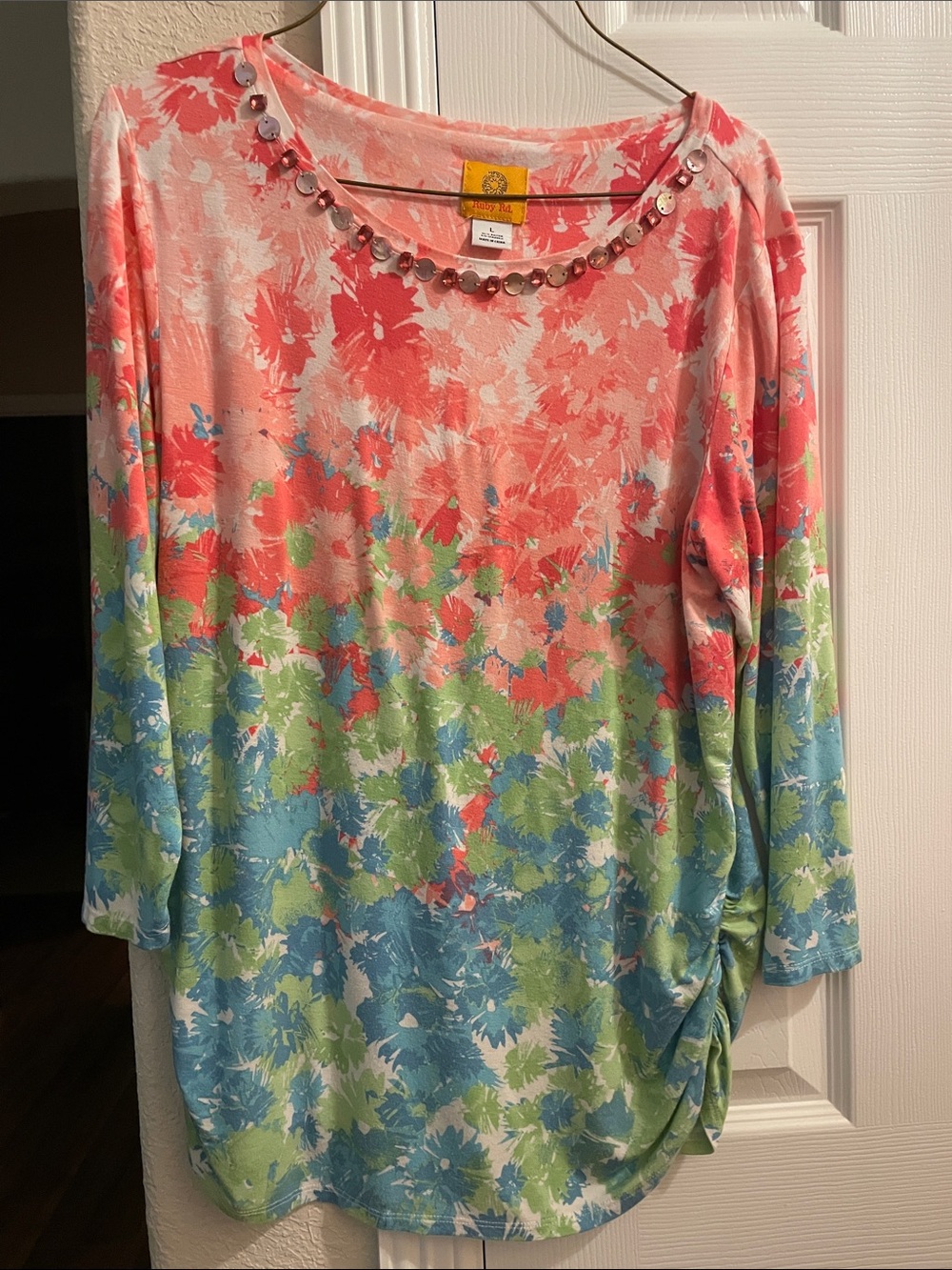 Ruby RD. Floral Scoop Neck Top with Sequin Trim - Multi L